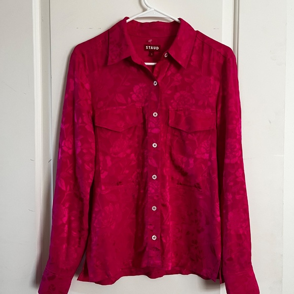 STAUD Alyssa Tonal Button-Up Shirt Top Blouse Floral Peony Pink Collared Small - Picture 1 of 9